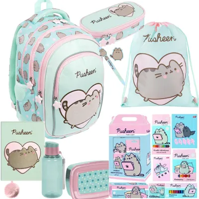 Image de Ensemble de sac à dos Pusheen pour l'école, comprenant 8 pièces : sac à dos, étui à crayons, sac de sport, gourde, boîte à lunch, stylo, fournitures scolaires et carnet de notes en peluche