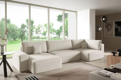 Produktbild von Ecksofas in U-Form ANTONIO CENTAUR-XL 397x148cm, Wohnlandschaft mit Schlaffunktion & Bettkästen, Eckarniutur / Couch in Bouclé-Stoff Hellbeige