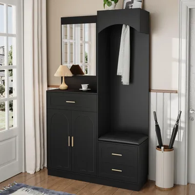 Image de OKWISH Armoire d’Entrée Moderne avec Miroir et Penderie Cachée - Vestiaire Compact avec Étagères Réglables - 110x33x185,5 cm, Noir