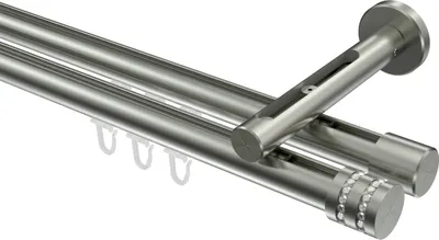 Produktbild von Interdeco Innenlaufstange / Gardinenstange mit Innenlauf Edelstahl-Optik, Typ Siteno Estana (Glitzerkappe), 20 mm Ø 2-läufig, 200 cm