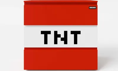 A front view of a red and white chest of drawers designed to look like a TNT block from Minecraft.