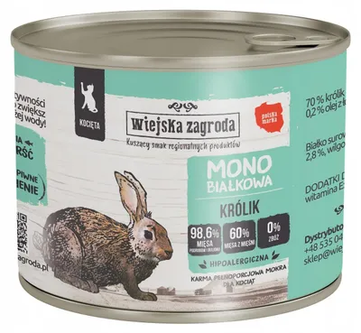 Immagine prodotto di Alimento umido per gatti, linea "Fattoria Wiejska", con un'unica fonte proteica: coniglio. Confezione da 200g