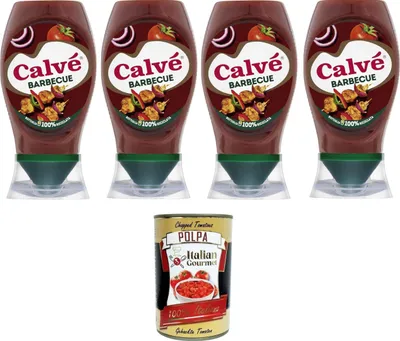 Produktbild von Calvé Barbecue-Sauce, BBQ-Sauce mit starkem Holz- und Raucharoma, ideal für alle Fleischgerichte, 4 x 250 ml + Italian Gourmet polpa 400gr