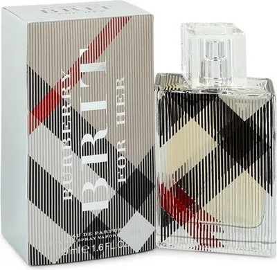A perfume box and bottle with the Burberry Brit for Her branding.