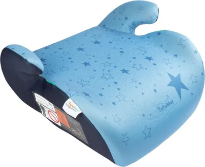 Produktbild von Tataway i-Size ECE R129/03 Sitzerhöhung. Kindersitzerhöhung für Kinder von 125 bis 150 cm Größe. Sitzerhöhung mit Sternengrafik, Kindersitz auf blauem Hintergrund.