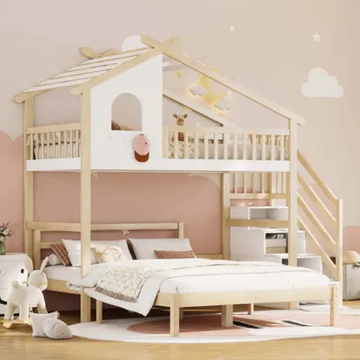Productafbeelding van AIORBER hoogslapers, 90x200 cm, met opbergruimte, uniek loft-design, onderbed 140x200 cm, kinderbed, grenenhout, stevig, wit