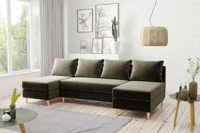 Image de AX LIVING Canapé en velours avec fonction sommeil Hoyton 270 cm en vert olive - Confort & Style