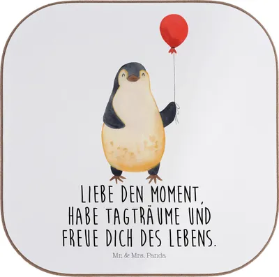 Produktbild von Mr. & Mrs. Panda Untersetzer Glas Pinguin Luftballon - Weiß - Geschenk, Liebe, Geschenkidee, Glück, Getränkeuntersetzer, Motivation, gläseruntersetzer, Coaster