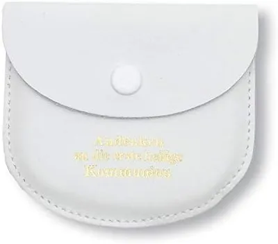 Imagen del producto de Bolsa de cuero para rosarios, color blanco con letras doradas, de 7 x 8 cm, para guardar rosarios