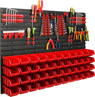 Immagine prodotto di Sistema di stoccaggio Scaffale da officina | 117 x 78 cm | 44 pezzi. Scatola | Scaffale a muro con supporti per utensili e contenitori impilabili - Pannelli a muro Scaffale extra forte Scaffale forato per utensili Scaffale da magazzino Scaffale da garage