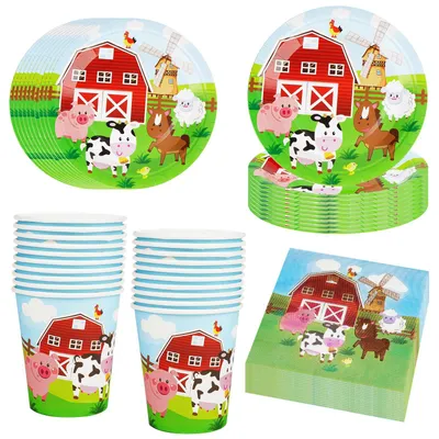 Image de Assiettes, gobelets et serviettes en papier sur le thème des animaux de la ferme, ensemble de 20 pièces, idéal pour les fêtes d'anniversaire pour enfants