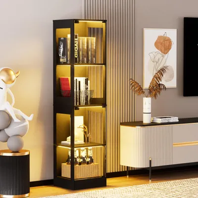 Produktbild von okwish Glasvitrine Wohnzimmerschrank mit Glastüren und intelligenten Sensoren Hochschrank Aufbewahrungsschrank mit LED-Beleuchtung und Stauraum Schwarz