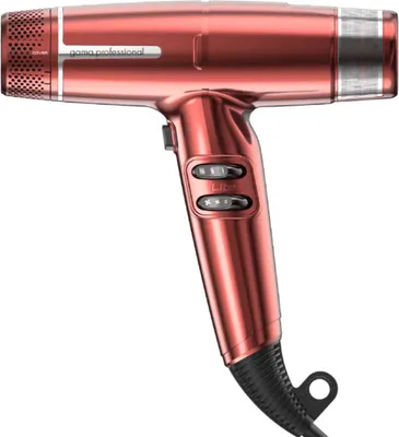 A studio shot of a red hairdryer against a white background.