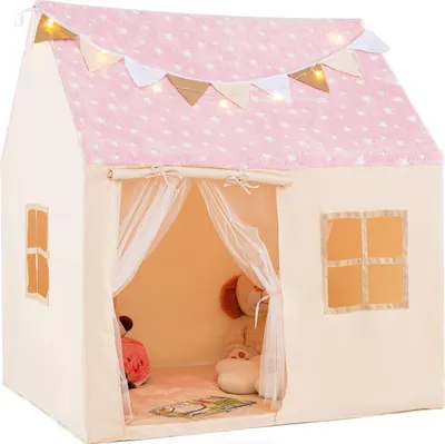 Produktbild von GOPLUS Kinderzelt, Spielhaus mit Stern-Lichterkette, Matte, Gaze-Vorhänge, Spielzelt Kinder Indoor für innen & außen, für Kinder ab 3 Jahren (Rosa)