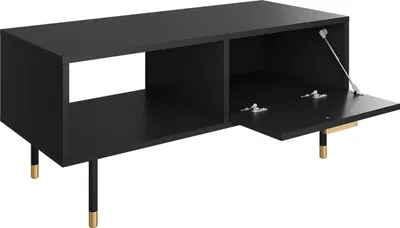 A black coffee table with gold accents and one compartment open.