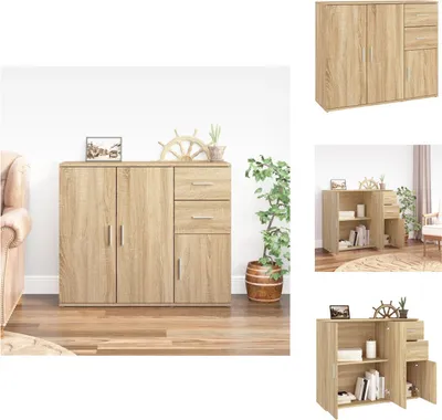 A collage of images showing a wooden sideboard in different settings and angles.