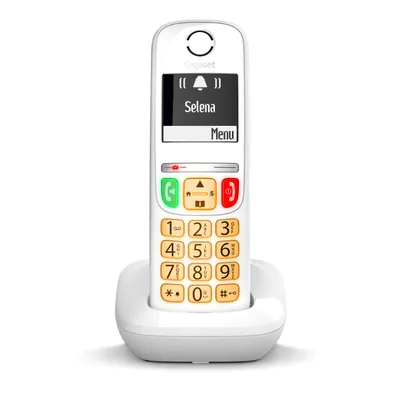 A white Gigaset cordless phone is shown in its charging cradle against a white background.
