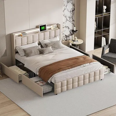 Productafbeelding van Boxspringbed 160x200 met LED-verlichting en USB-aansluitingen, tweepersoonsbed 160x200 met 4 lades en een opbergruimte in het hoofdeinde, bed met opbergruimte en houten lattenbodem, jeugdbed met lades, zonder matras, linnen
