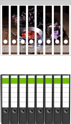 Produktbild von Wallario 8 Stück schmale Ordner inkl. Klebeetiketten mit Motive Frisches Pflaumenkompott mit Gewüzen -  Set mit Rückenschildern / Ordnerrücken Stickern
