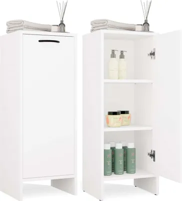 Zdjęcie produktu dla Minimalistyczna szafka łazienkowa NINA 1D – kompaktowa, z 3 półkami | Kolor: matowa biel | 35 x 90 x 30 cm