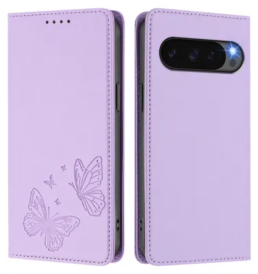 Image de Étui en cuir pour Google Pixel 11 Pro XL, avec motif papillon, type portefeuille rabattable avec support. Couleur : violet clair