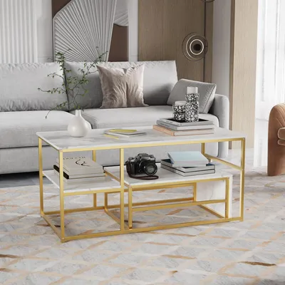 Produktbild von ProximaX 2er-Set Couchtisch, Eckiger Beistelltisch, Kaffeetisch mit Stahlgestell, Sofatisch im modern Design, für Wohnzimmer, bis 30 kg Belastbar, , Gold/Weiß
