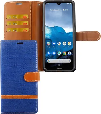 A flip-style phone case with card slots and a smartphone inside.