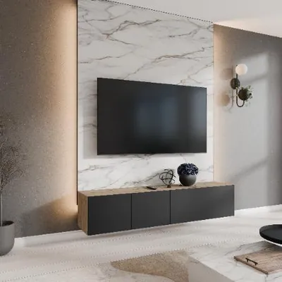 Obrázek produktu pro Margaret Hadas24 TV skříňka Leo, televizní skříňka, nízká TV skříňka, 200 cm, závěsná, moderní design, do obývacího pokoje, montáž na zeď, TV nábytek artisan, černá