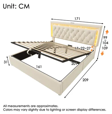 Produktbild von Polsterbett 160 x 200 cm Samt mit LED-Diamantband, USB, Type-C, hydraulischem Bettkasten, Lattenrost, Beige