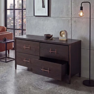 Produktbild von Kommode HWC-Q66, Sideboard Schrank Anrichte, Schubladen Industrial 60x120x40cm Holz schwarz, Metall kupferfarben
