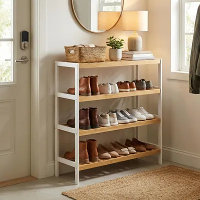 Produktbild von SONGMICS Schuhregal aus Bambus, Schuhablage mit 4 Ebenen, weiß-naturfarben
