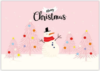 Produktbild von 4x Lustige Vintage Weihnachtskarte mit Schneemann im Weihnachts Wald auf rosa