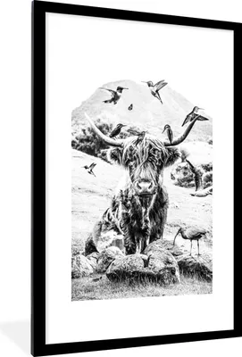 Produktbild von MuchoWow® MuchoWow® Gerahmtes Poster Schottisches Hochlandrind - Tiere - Berg 60x90 cm - Poster mit zchwarzem Bilderrahmen - Dekoration - Wandposter Wohnzimmer - Hochwertig