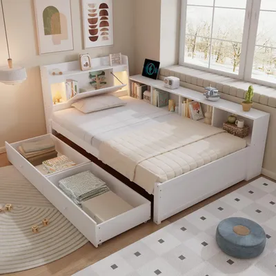 A white bed with storage drawers and a bookshelf headboard, set in a bedroom with a window view.