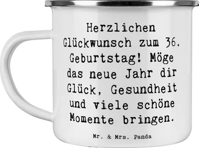 Produktbild von Mr. & Mrs. Panda Teetasse Spruch 36. Geburtstag Glückwünsche - Weiß - Geschenk, Glückwunsch, Gesundheit, Freunde, Emaille Tasse, Haferl, Pott, Becher, Herzlichen