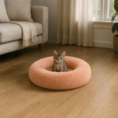 Produktbild von belviona Donut Katzenbett, weiches Katzenkörbchen mit flauschigem Plüsch, rutschfest & gemütlich, 40 cm Durchmesser, altrosa, KI-generiertes Bild