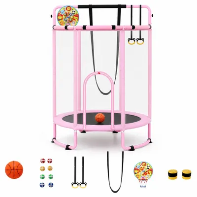 Immagine prodotto di KOMFOTTEU, trampolino per bambini, 154 cm. Trampolino per bambini con altalena, sbarra per esercizi, anelli, bersaglio e canestro da basket. Trampolino per bambini piccoli con basket e palloni, adatto a bambini dai 3 anni in su, da utilizzare sia all'interno che all'esterno, Immagine generata dall'IA