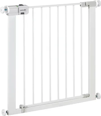 A white metal safety gate with a locking mechanism.