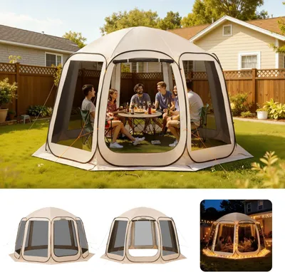 Immagine prodotto di Tenda pop-up - Tenda da campeggio 366 x 335 cm - Per 10-12 persone - Montaggio rapido - Zanzariera - Pareti laterali - Borsa per il trasporto e picchetti - Per giardino e terrazza - Beige