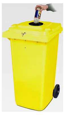 Produktbild von 240 Liter Müllbehälter mit Flascheneinwurf und Gummirosette, abschließbar mit Dreikantschlüssel (gelb)