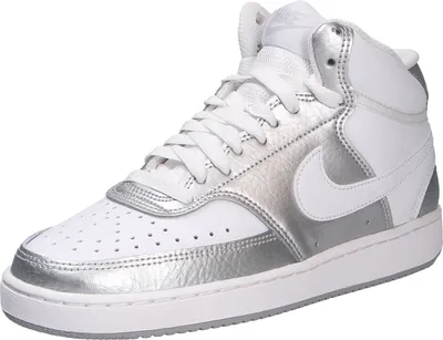 A single Nike Court Vision Mid sneaker in white and silver.