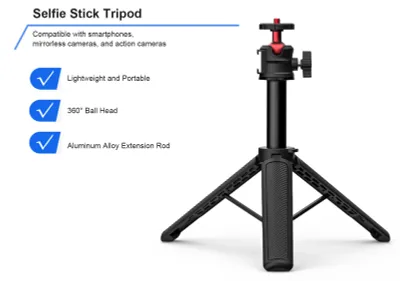 Image de Trépied de bureau 2 en 1, extensible, avec rotule à 360° et fixation « cold shoe » pour smartphone ou appareil photo