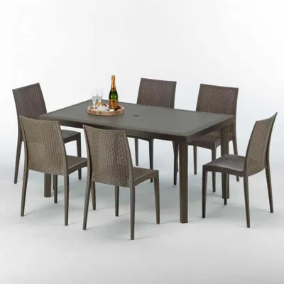 Immagine prodotto di Tavolo rettangolare in polyrattan con 6 sedie colorate 150x90 Brown Focus