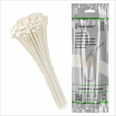 Produktbild von Kabelbinder 200mm x 2,5mm weiß, Hochleistungs 200 mm Universalbinder weiss, natural Nylon, 100 Stück