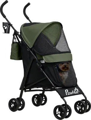 Produktbild von PawHut Hundewagen Hundebuggy klappbar für Hunde & Katzen bis 4 kg Katzenbuggy mit Netzfenstern, Schultergurt, Aufbewahrungstasche, Becherhalter Regenschirm Katzenwagen Dunkelgrün