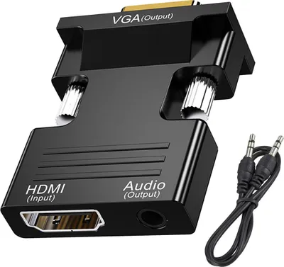 A black HDMI to VGA adapter with an audio output port and an audio cable is shown against a white background.