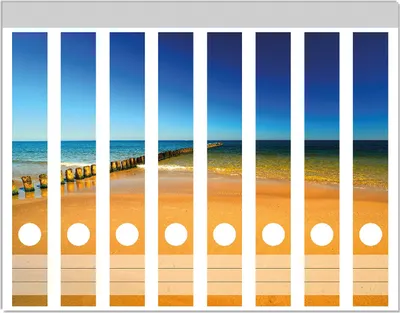 Produktbild von Wallario Ordnerrücken Sticker, selbstklebend für schmale Ordner, 8 Stück, Motiv Sandstrand in orange - Blaues Meer - Blauer Himmel
