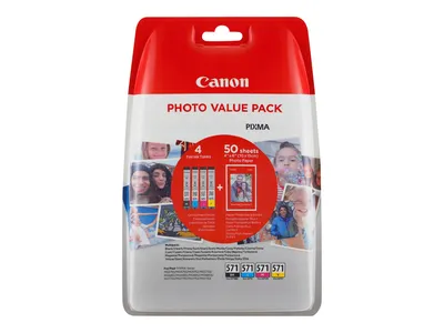 Produktbild von Canon CLI-571 BK/C/M/Y Tinte + Fotopapier Value Pack, Standardertrag, Schwarz, Cyan, Gelb, Magenta, 4 Stück(e), Multipack