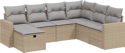 Produktbild von vidaXL 7-tlg. Garten-Sofagarnitur mit Kissen Beige Poly Rattan