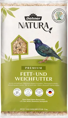 Produktbild von Dehner Natura Premium Wildvogelfutter, Fettfutter / Weichfutter, Ganzjahresfutter artgerecht / kraftspendend , hochwertiges Vogelfutter für Wildvögel, 5 kg